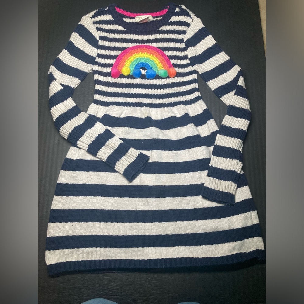 Girls knit rainbow dress stripped white and blue.